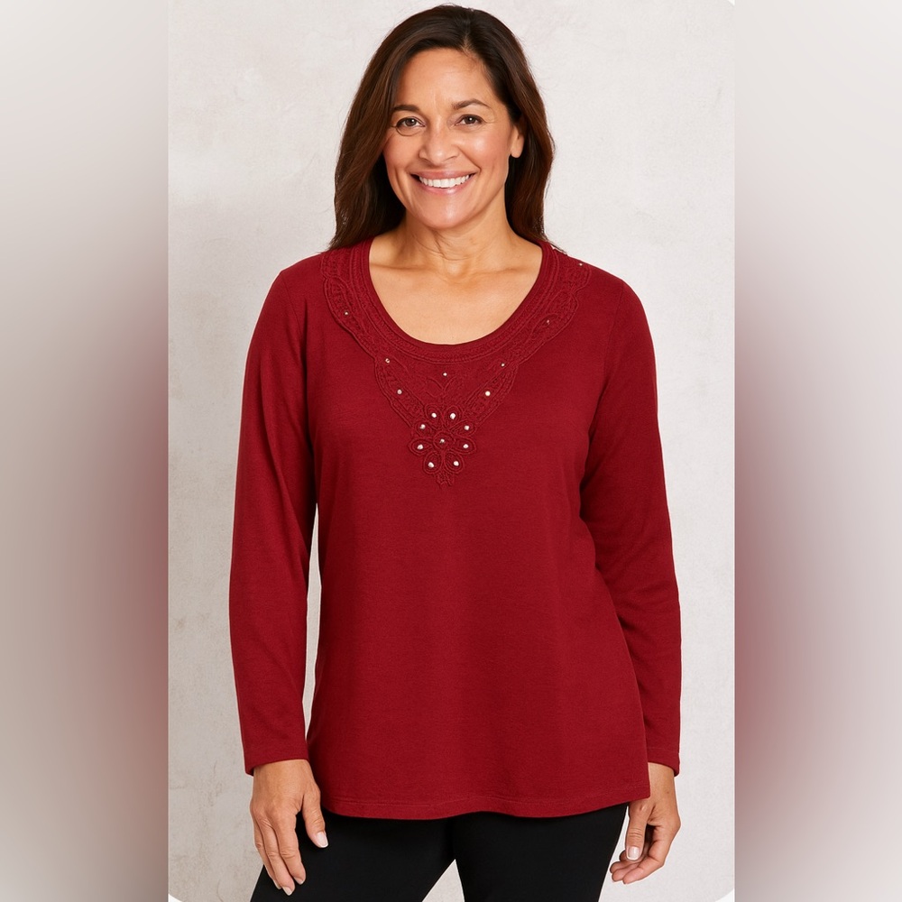 NWT Roaman’s Burgundy Sweater with Pearls & Lace Appliqué